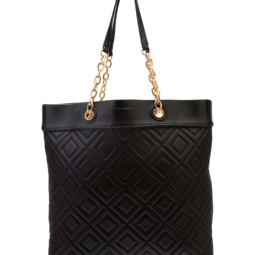 Black Quilted Tory Burch Tote Bag with Gold Chain Straps